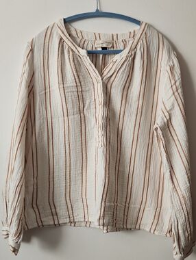 Universal Thread White Gauze Button-Front Top with Tan Stripes